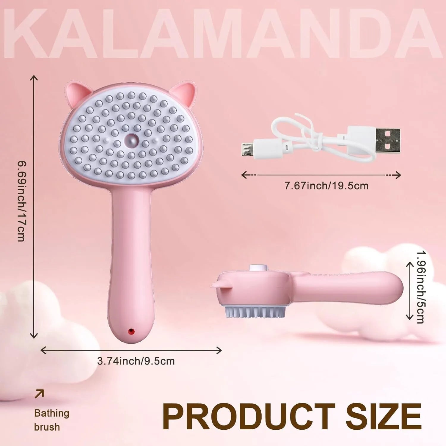 Cat ear-shaped steam brush with soft rubber bristles and release button in blue colour