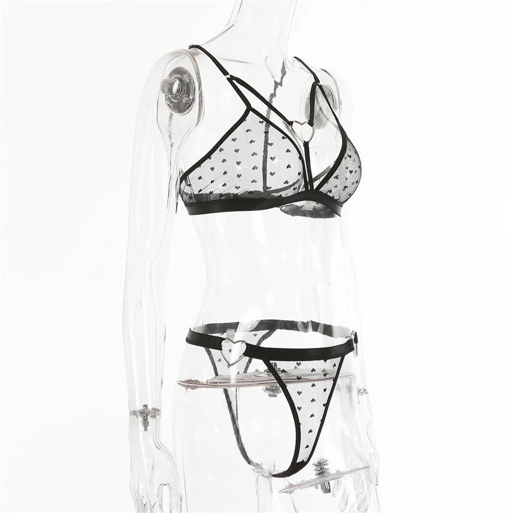 Ladies' mesh three-point two-piece spandex set in black, showing top and pants for sportswear