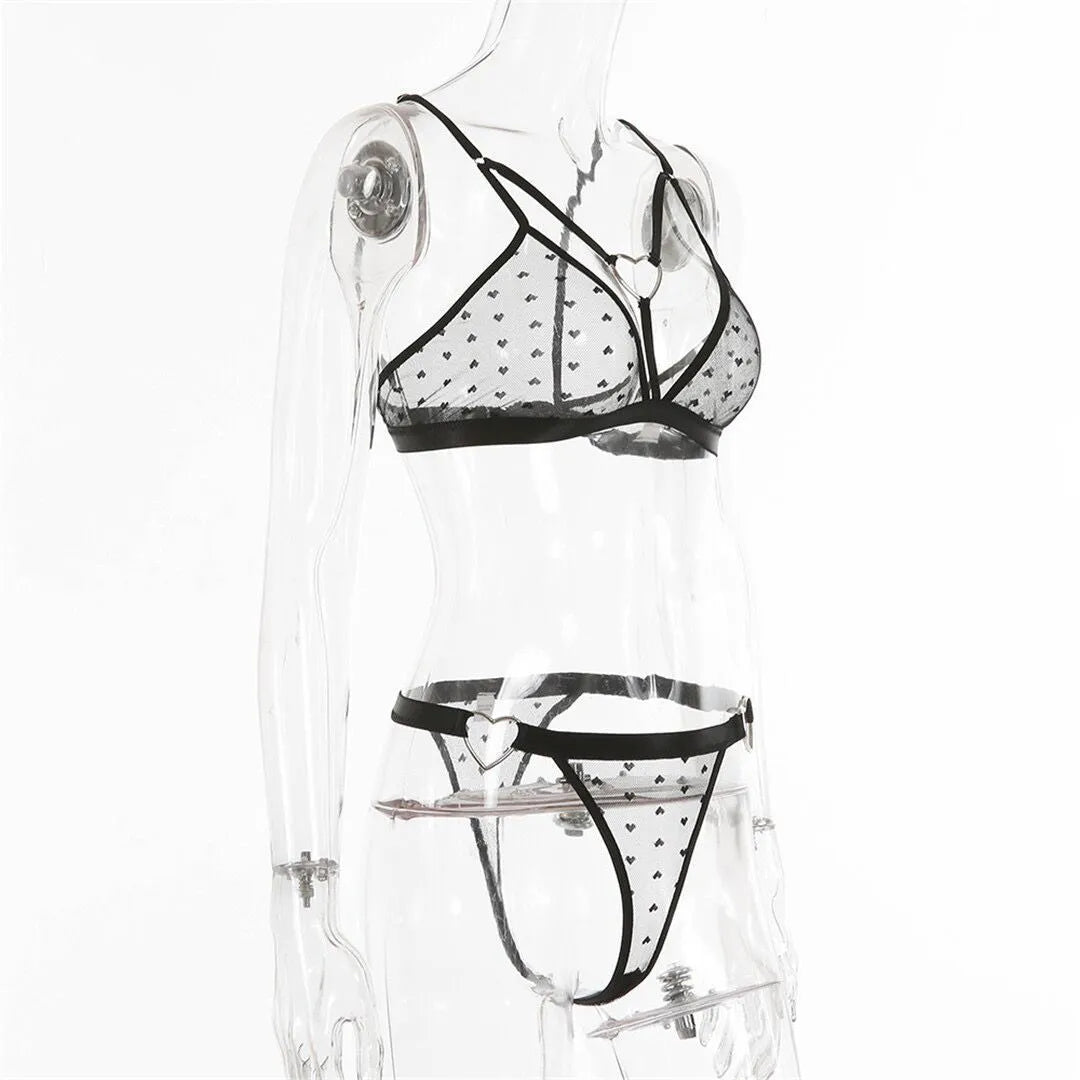 Ladies' mesh three-point two-piece spandex set in black, showing top and pants for sportswear