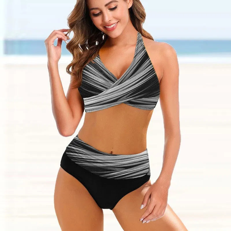 Women's striped tie-dye bikini with hollow design and high-waisted briefs