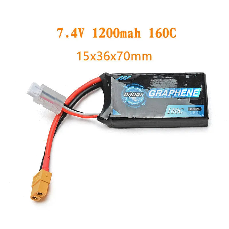 7.4V 1200mAh lithium battery for RC remote control cars and ships measuring 15x36x70mm