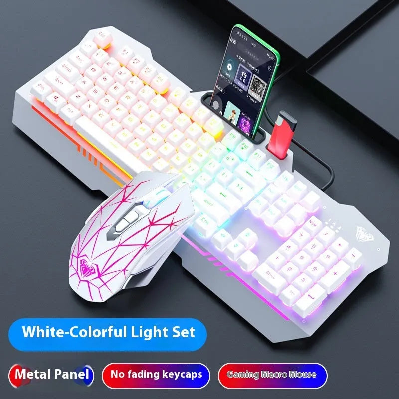 F3010 black and white metal gaming keyboard, mouse, and headset bundle with single-colour LED backlighting.