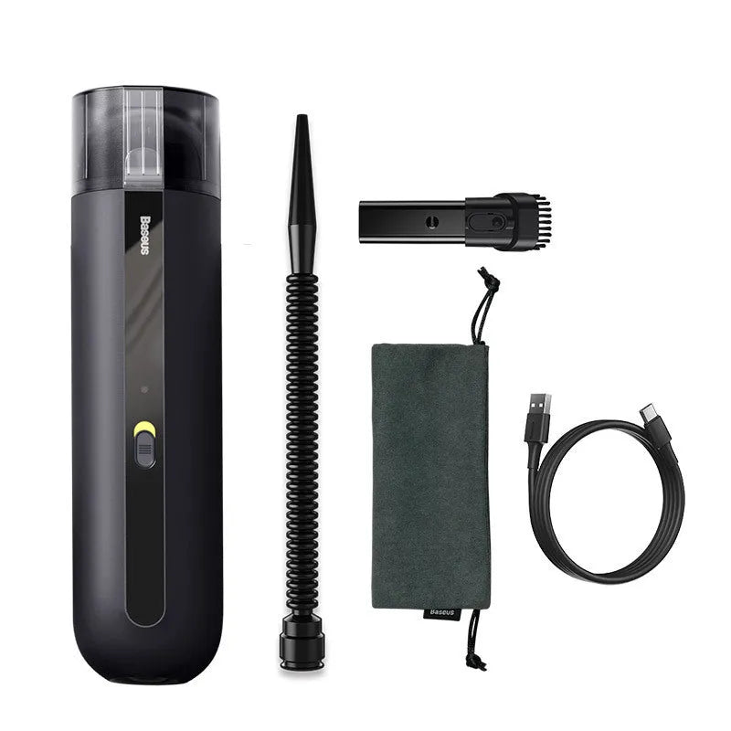 BASEUS wireless handheld car vacuum cleaner in black, white, or green with suction and blowing hose.