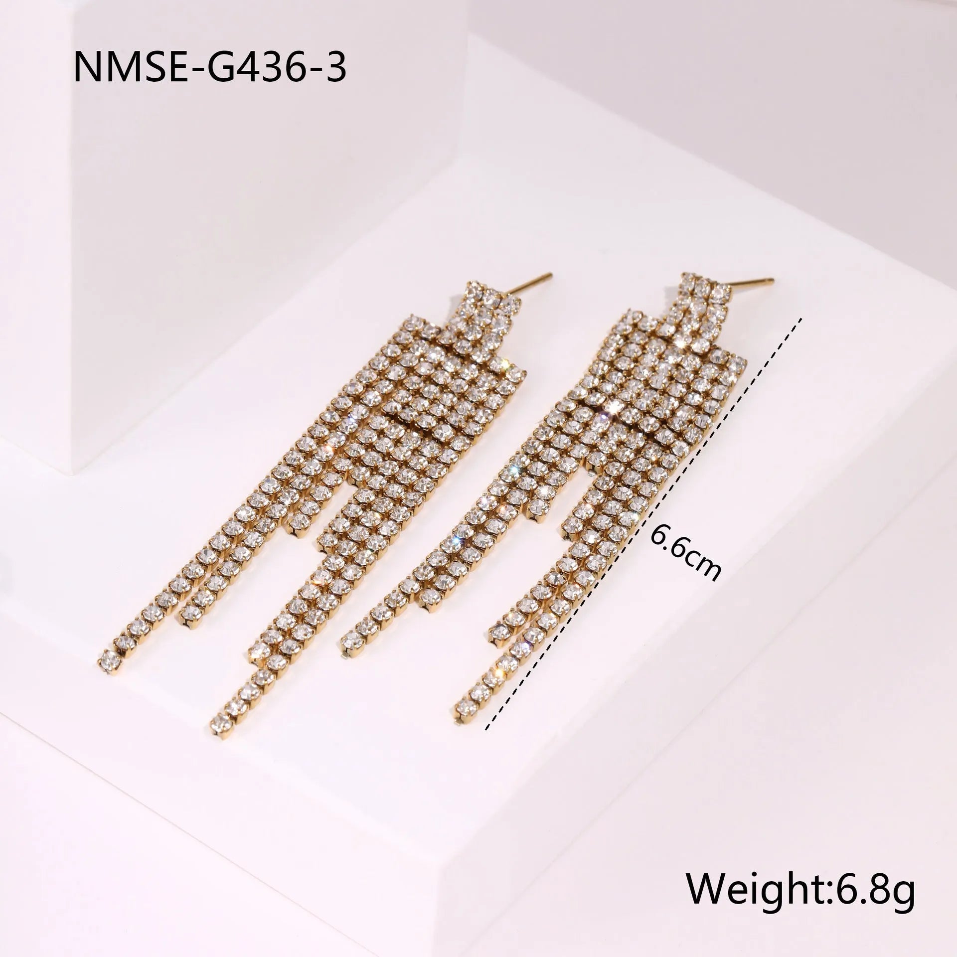 Stainless steel earrings with love heart and star geometric designs featuring diamond tassel drops and 18K electroplated finish