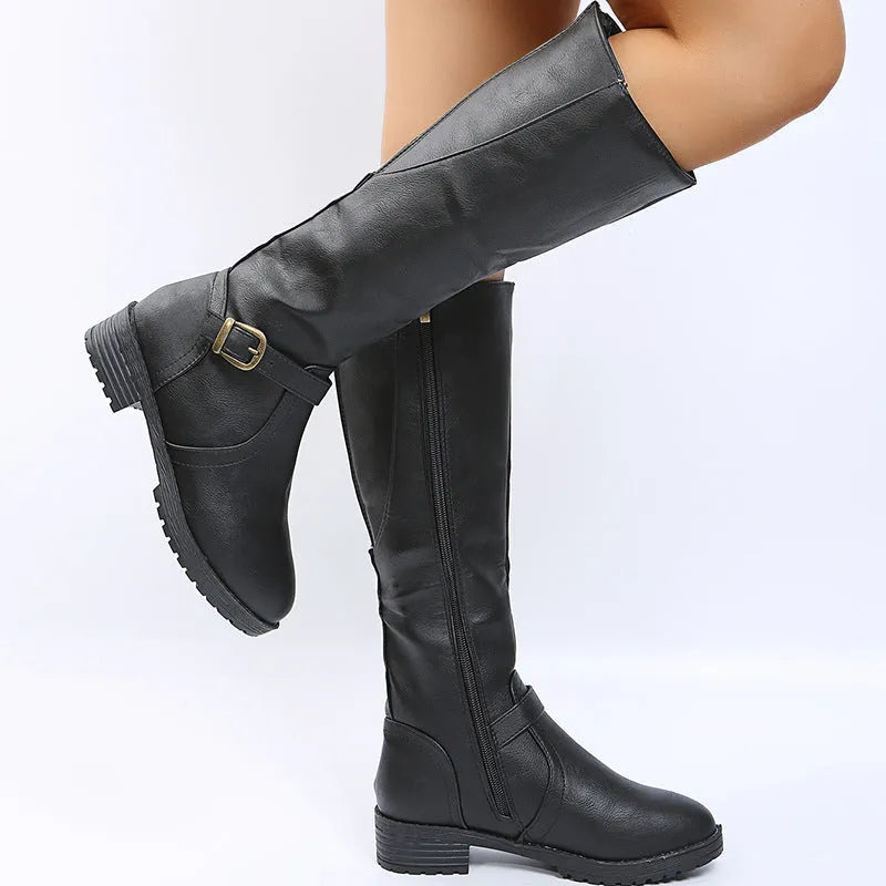 Women's knight boots high boots with square heel and belt buckle detail in artificial PU material