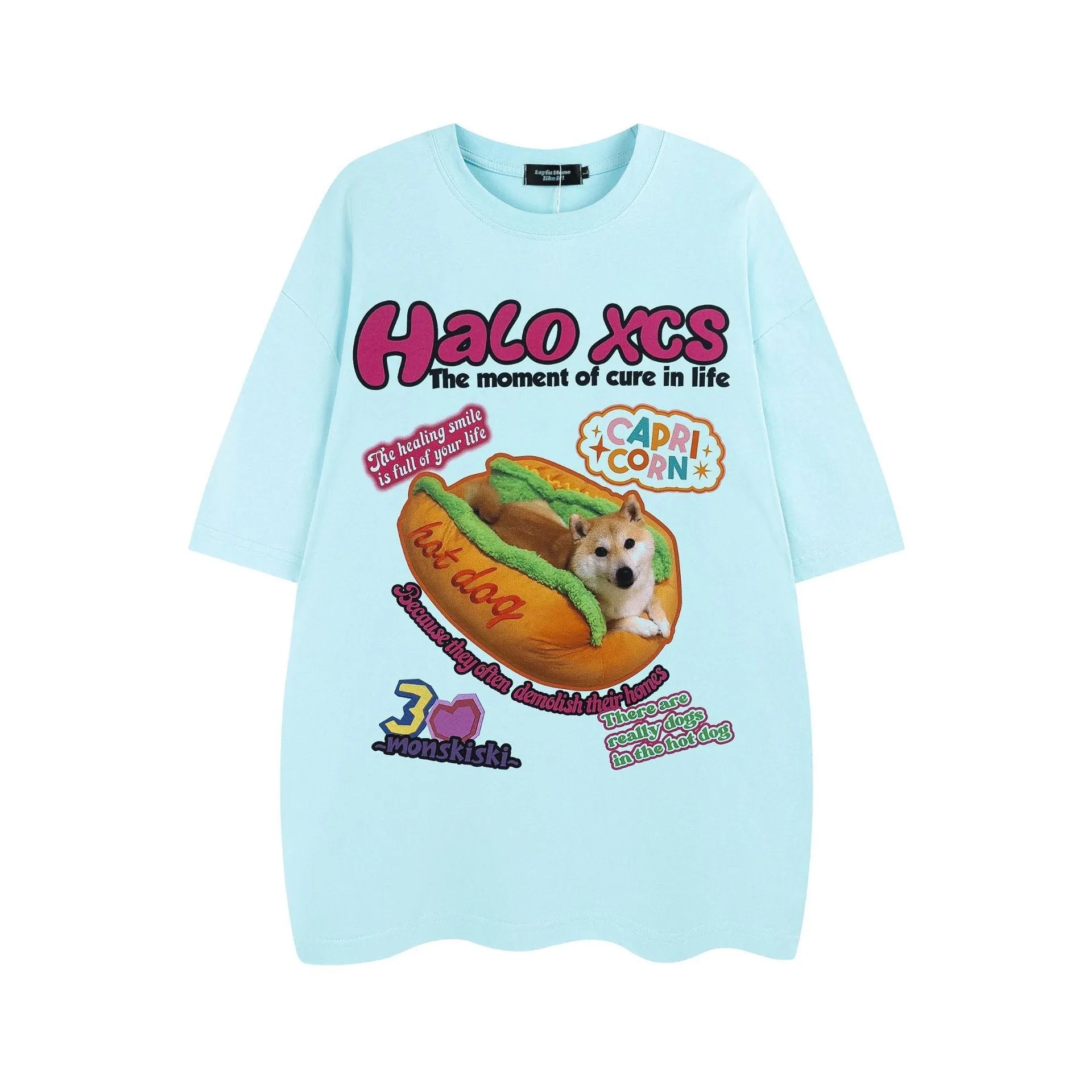 White cartoon hamburger and dog print on a loose-fit cotton T-shirt.