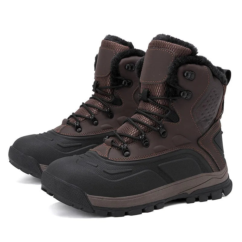 Men's black high-top boots with fleece lining, flat heel, and lace-up front