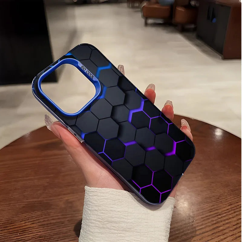Frosted protective phone case for Apple iPhone with honeycomb square design in moonlight colours.
