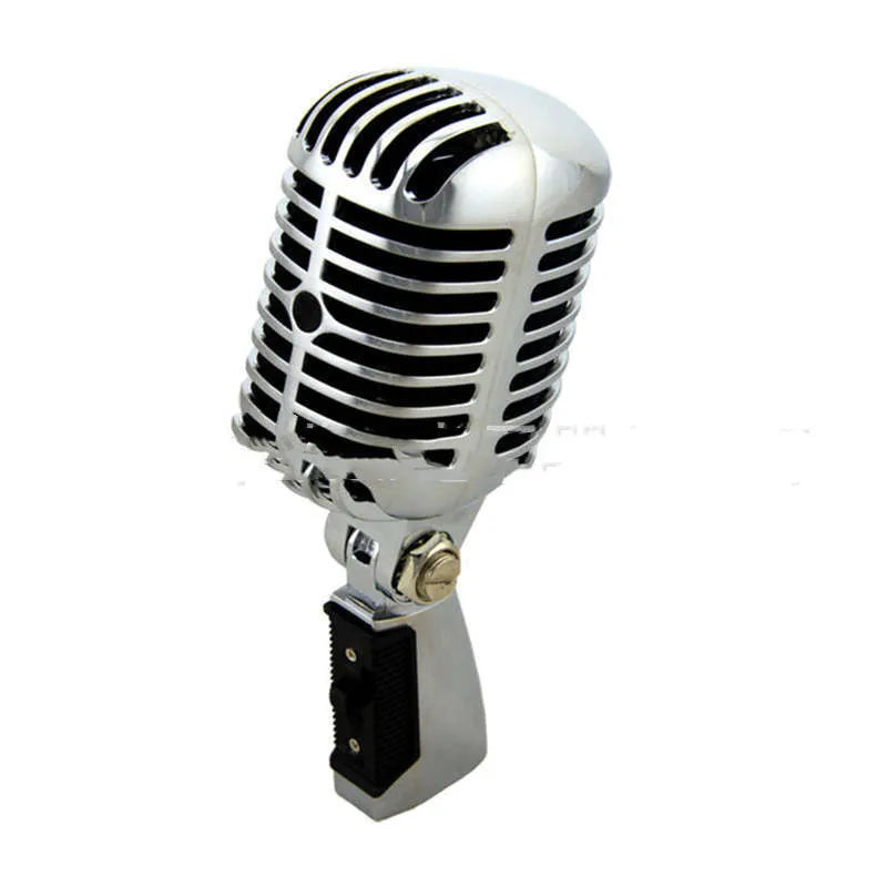 Silver retro dynamic stage microphone with all-metal construction and classic design