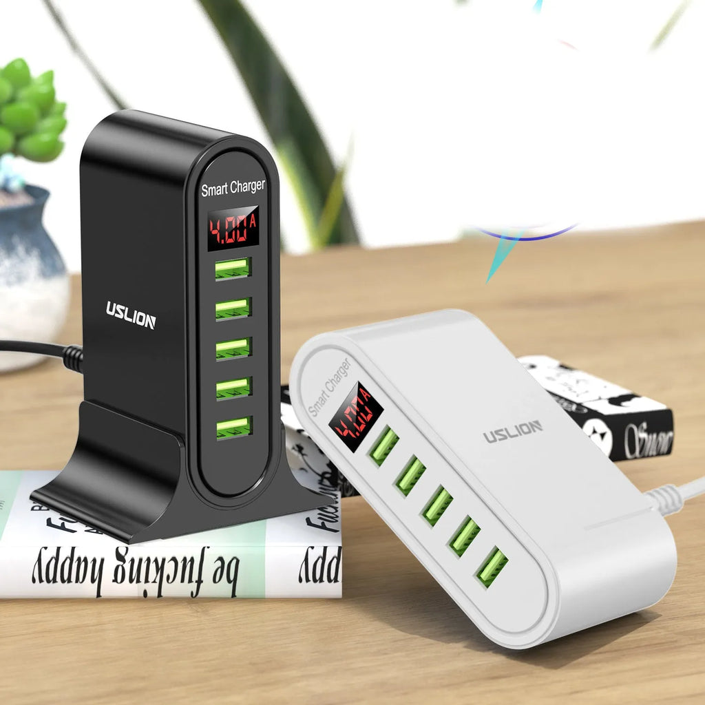 Smart LED digital display USB charger showing voltage and amperage with black or white colour options