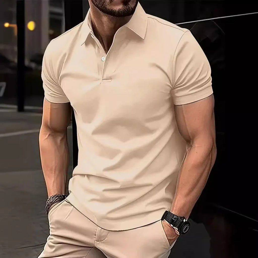 Men's slim fit cotton blend short sleeve button-up shirt in solid colour