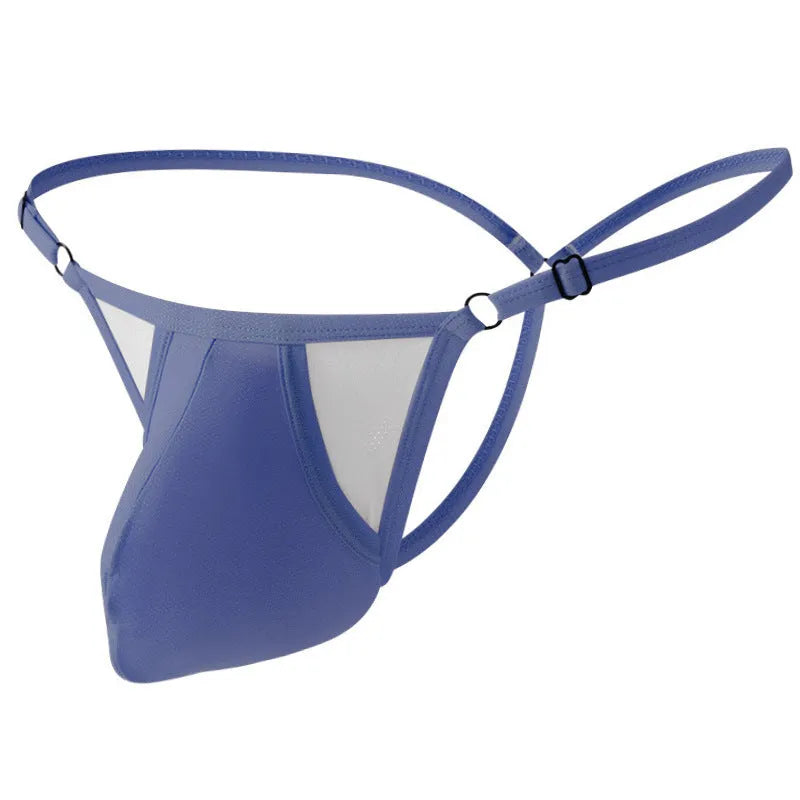 Men's ice silk T-back panties with thin adjustable straps in six colour options