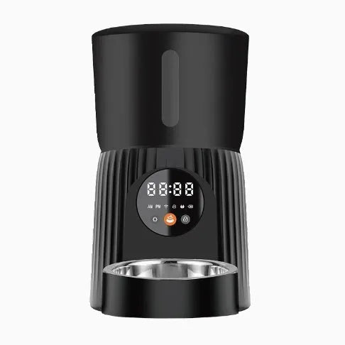 Black intelligent pet feeder with USB cable connection and food dispenser opening