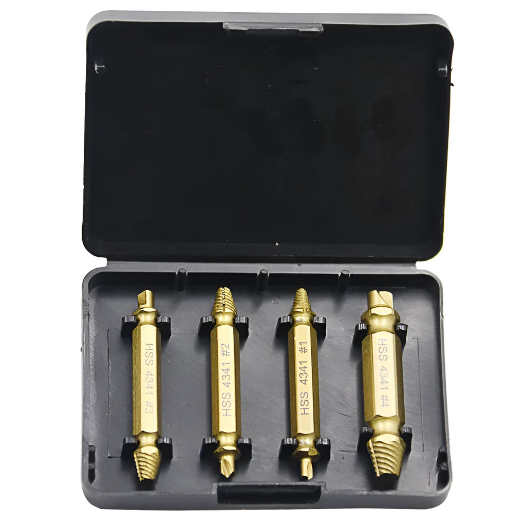Premium screw extractor set with 4341 high-speed steel construction for removing broken screws