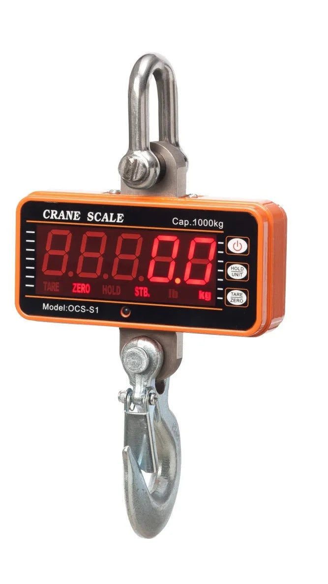Orange electronic crane scale with digital display, maximum capacity 500 kg.