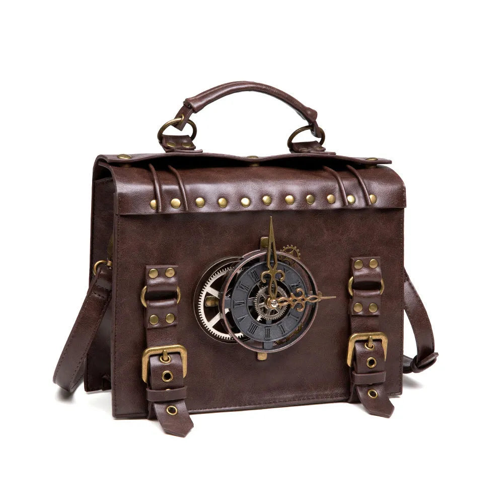 Bronze steampunk industrial retro style shoulder bag showing metal hardware details and pillow bag shape