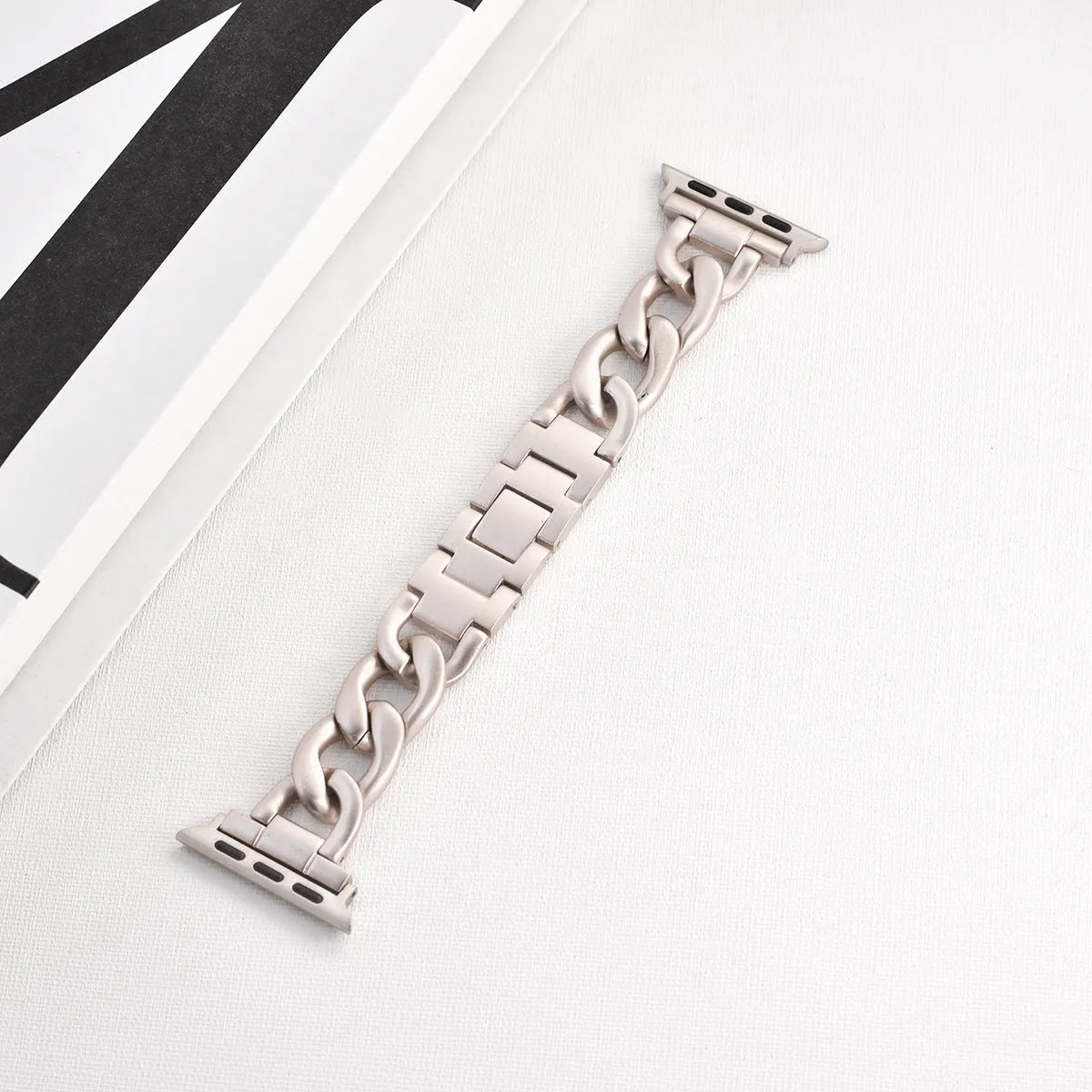 Denim-style cuff metal chain link Apple Watch replacement strap in silver, black, gold, rose gold, starlight.
