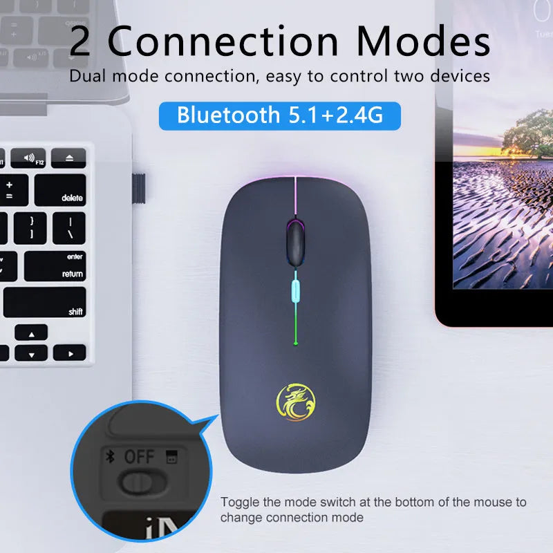 Black and white wireless computer mouse with dual Bluetooth and 2.4G connectivity and silent click buttons