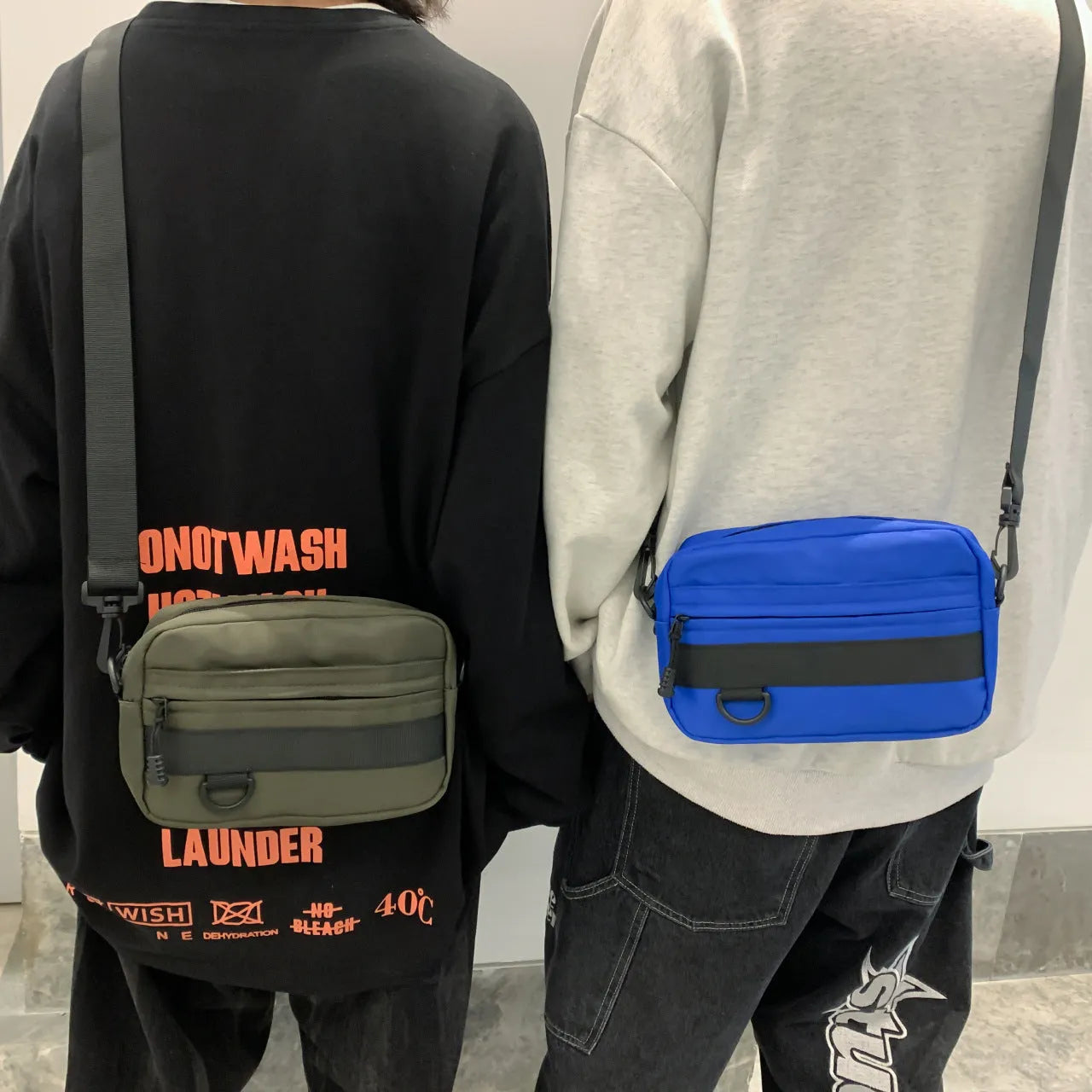 Men's nylon messenger bag in street style with crossbody strap and sewing thread details