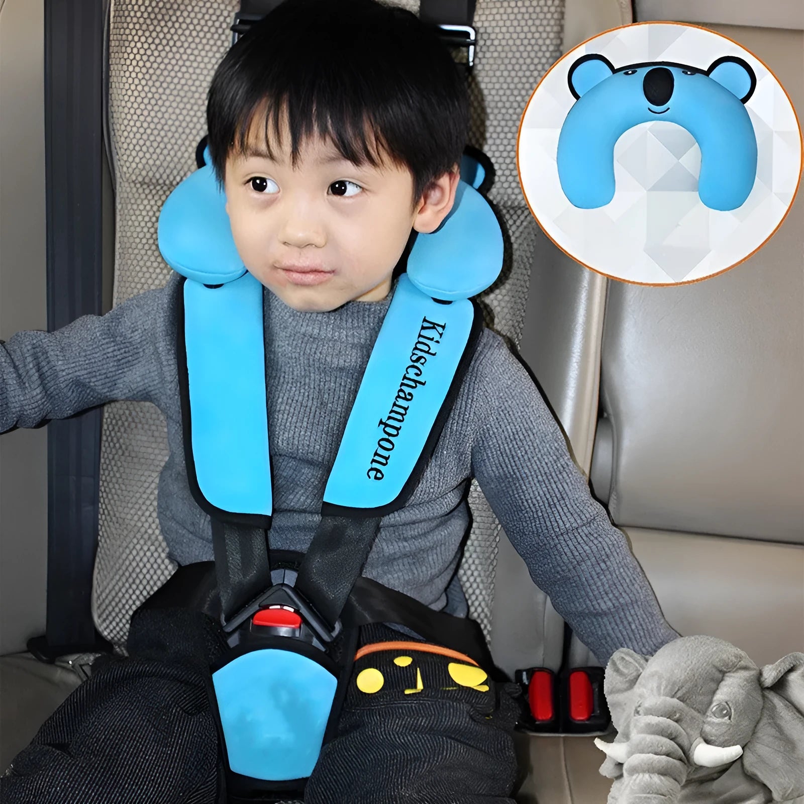 Portable child car safety seat belt retainer in polyester fabric with 33x22x9.5cm dimensions