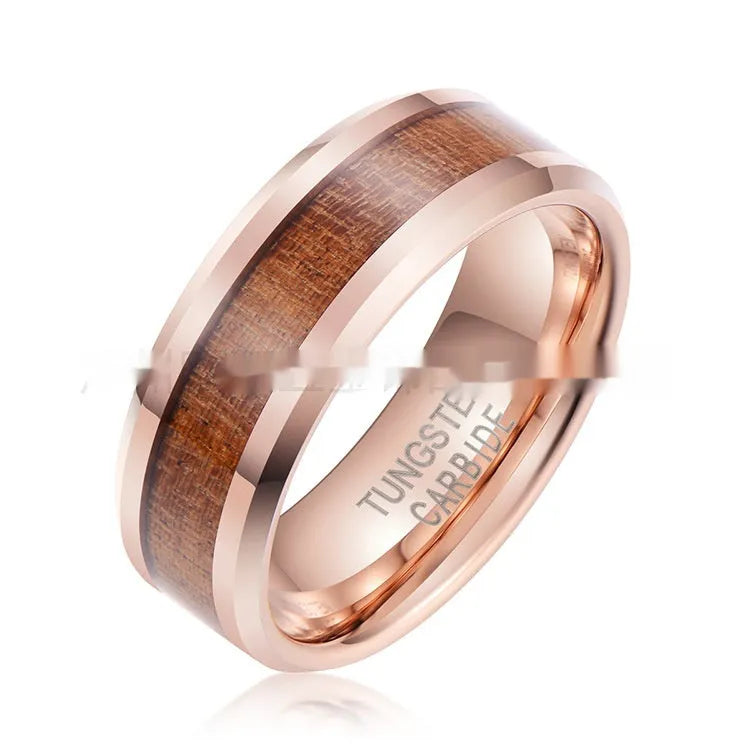 Men's tungsten ring with wood and leather Ugyen design on an 8mm rose gold band