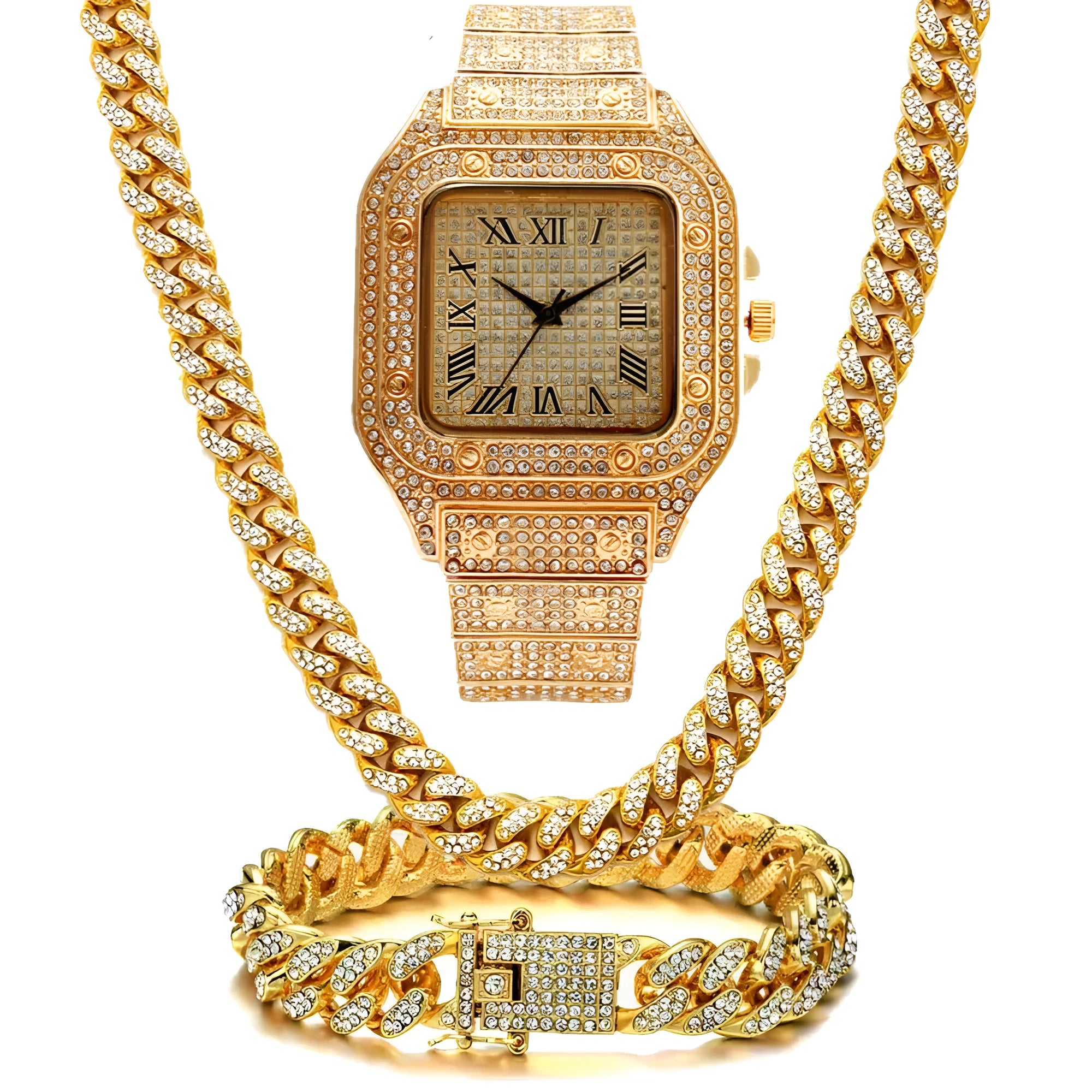 Gold Roman numeral square dial watch with diamond studs and mesh band, part of a three-piece jewellery set.