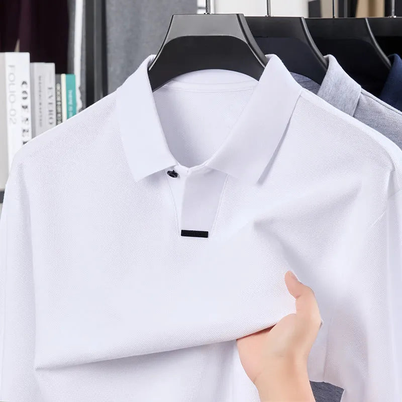 Men's loose fit cotton polo shirt with lapel collar and long sleeves in grey.
