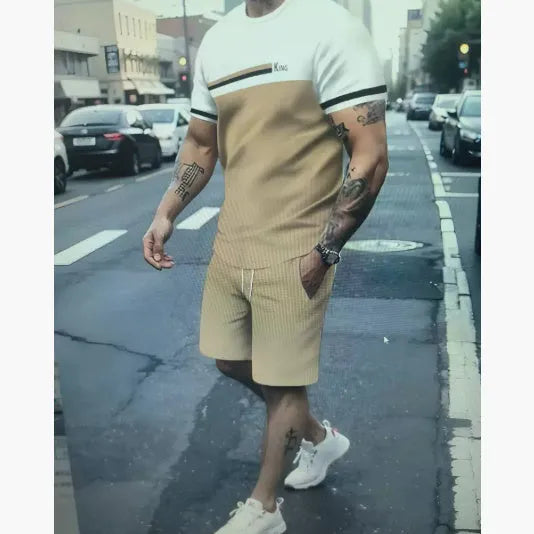 Men's loose-fit polyester summer set with short-sleeved T-shirt and matching shorts
