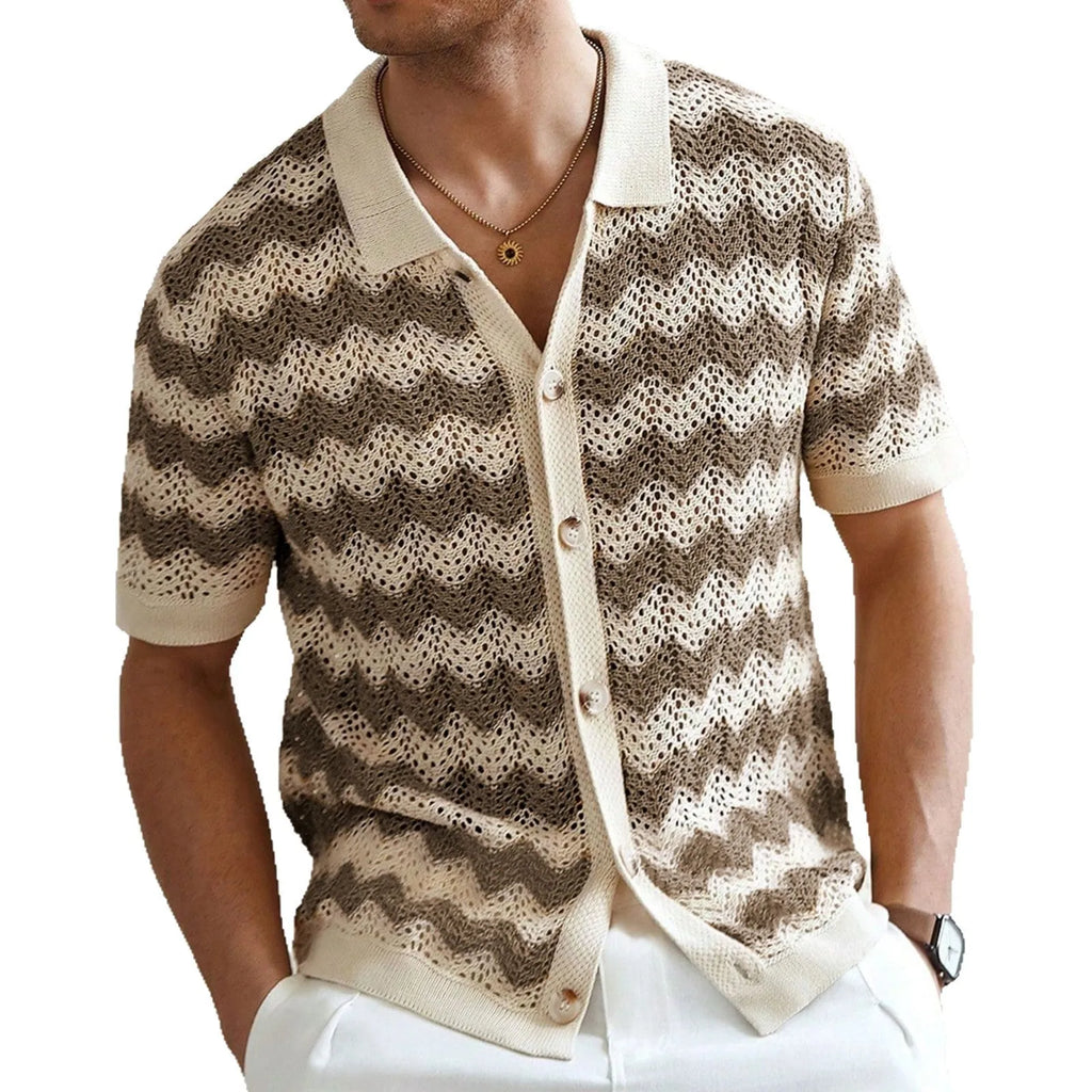Blue hollow jacquard corrugated short sleeve sweater on a hanger, showing textured weave detail.