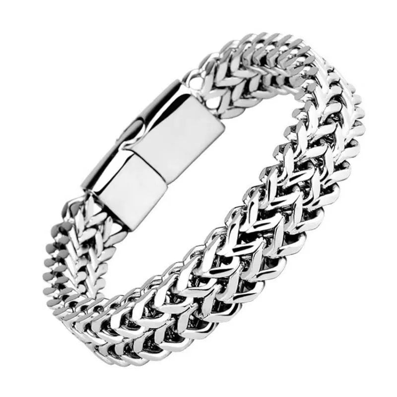 Silver geometric men's stainless steel bracelet showing front and back, with hip hop style.