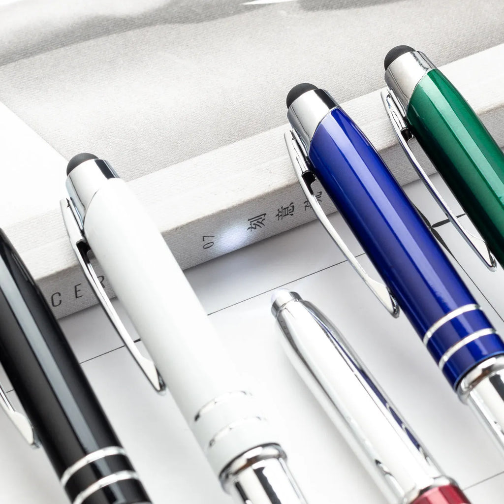 Metal multifunctional stylus pen with ballpoint and LED light in five colour options