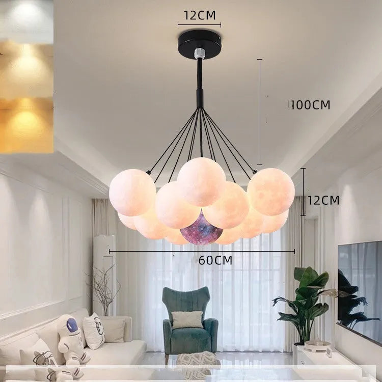 Nordic-style gold and black iron bedroom chandelier with moon bubble lights and PMMA lampshade