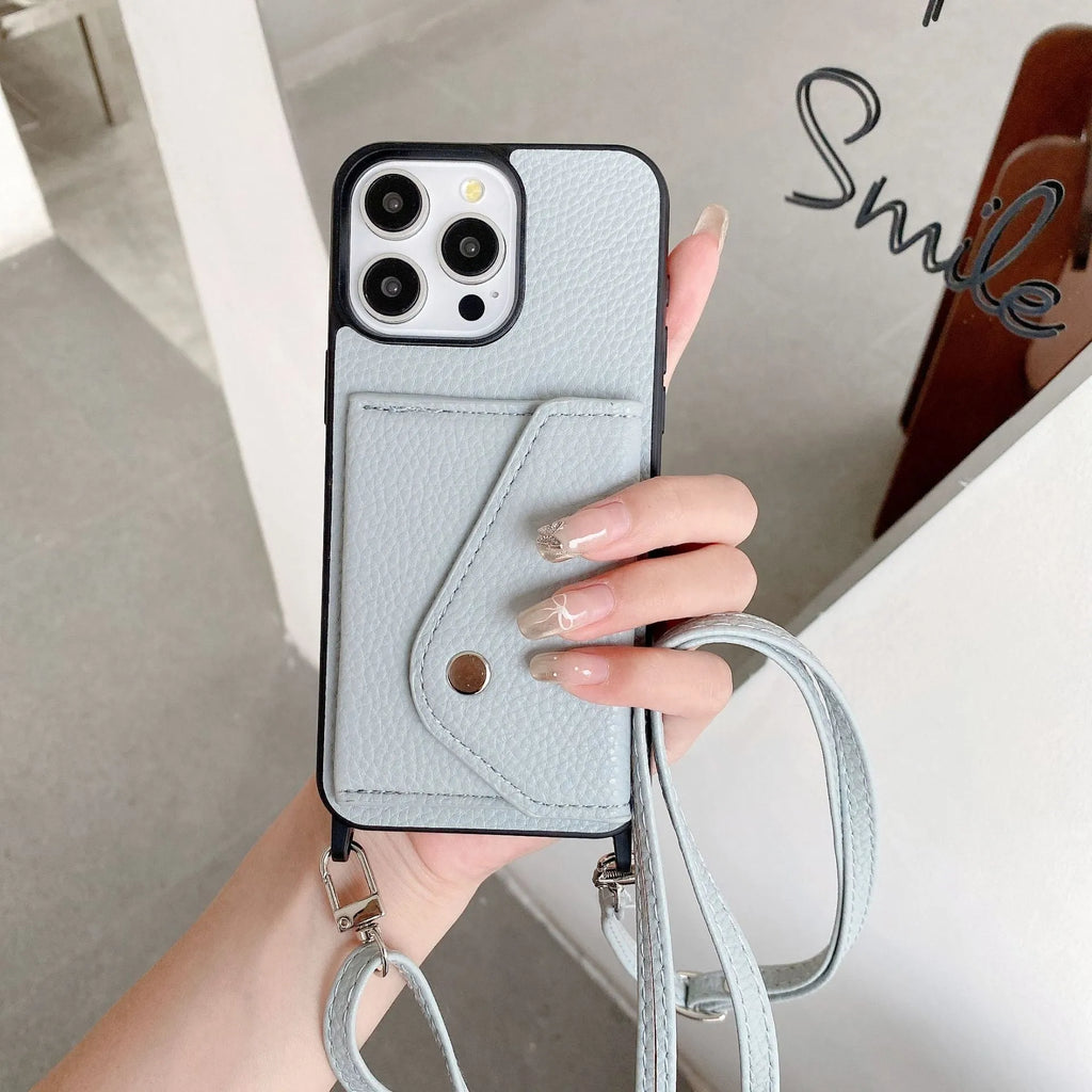 Lychee pattern crossbody phone case with card holder for iPhone 14