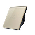 Type 86 tempered glass touch light switch for wall mounting in black, gold, or white.