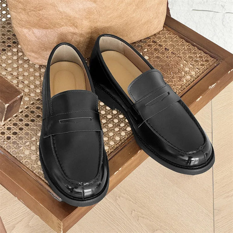 Men's classic black slip-on derby leather shoes with microfiber upper and rubber sole