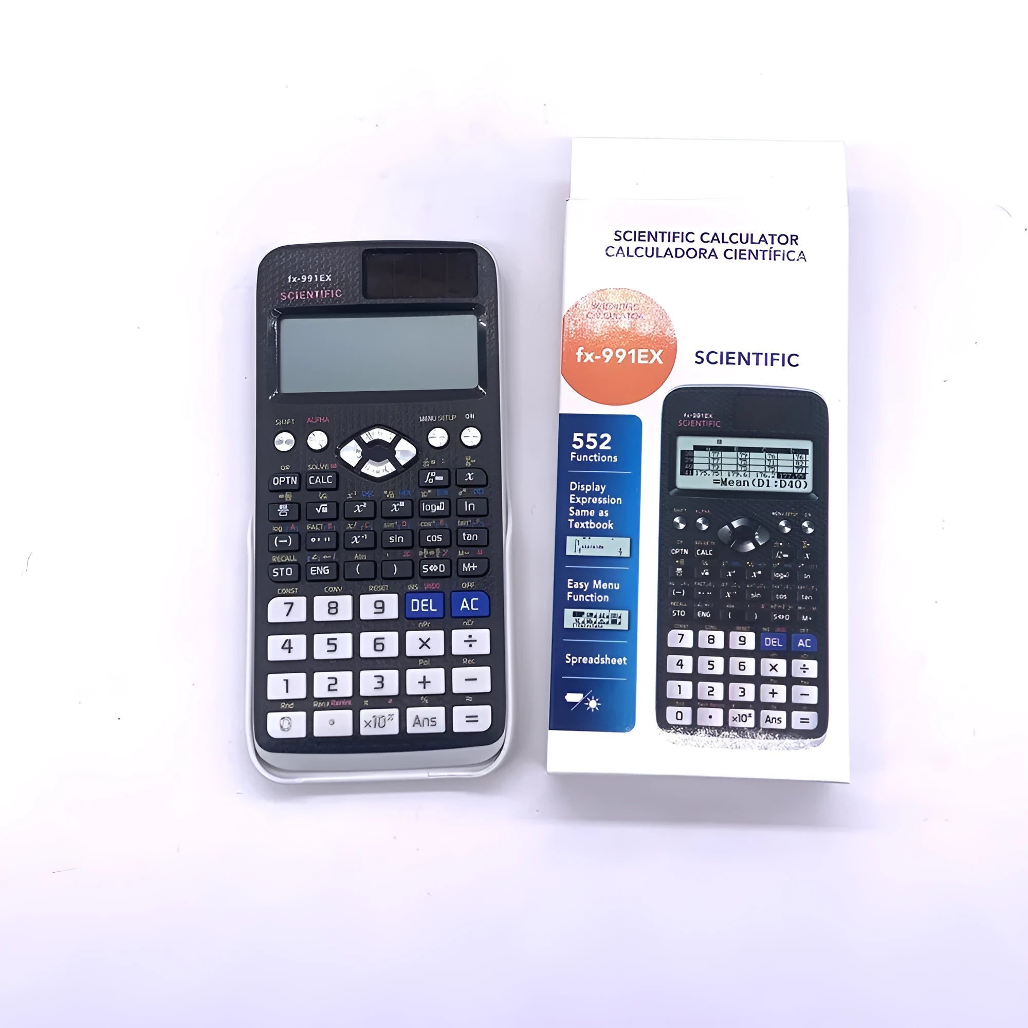 Casio fx-991EX scientific calculator in black, blue, or pink with natural textbook display