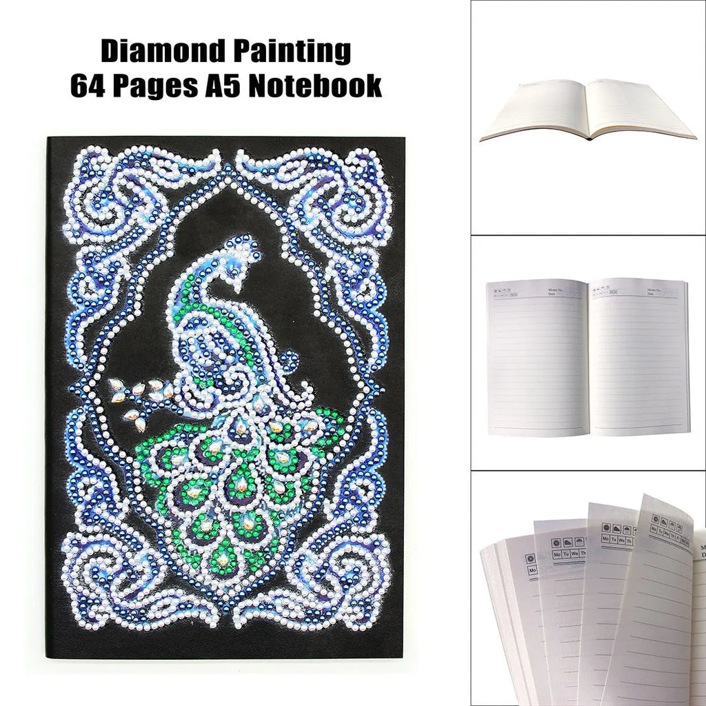 A5 peacock diamond painting notebook with shaped and bright drills, black cover, spiral binding