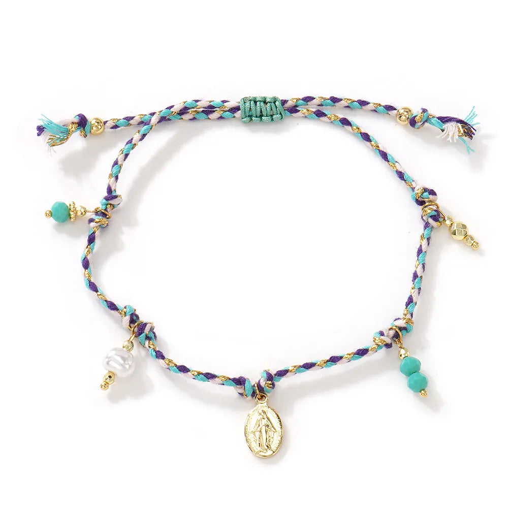 A colourful hand-woven braided rope bracelet with an adjustable strap and tag charm.