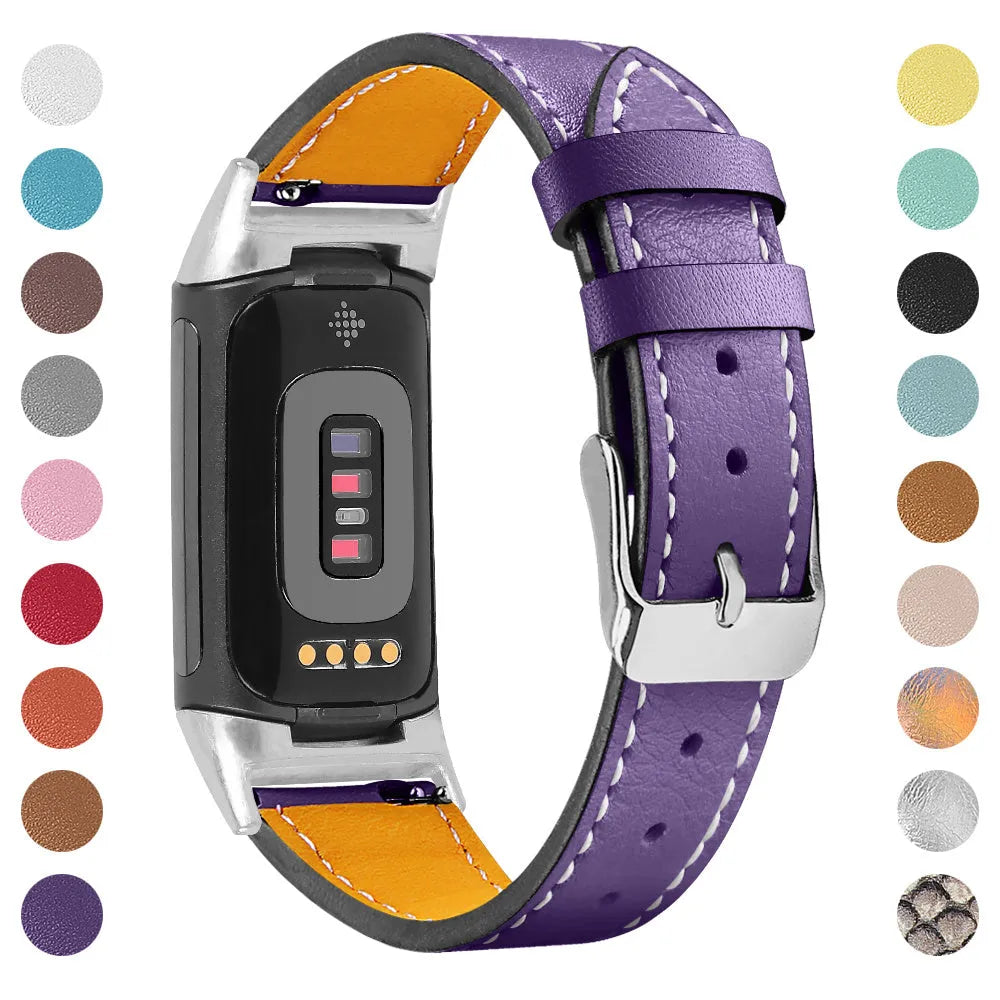 Genuine cowhide leather strap for Fitbit Charge 5 and Charge 6 smartwatch in multiple colour options.