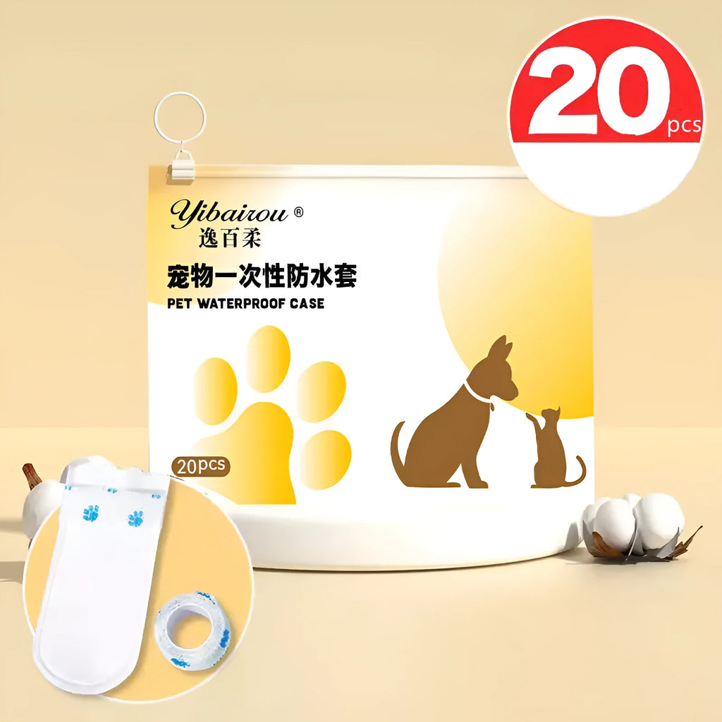 White disposable waterproof shoe covers for dogs with non-slip soles in two size options
