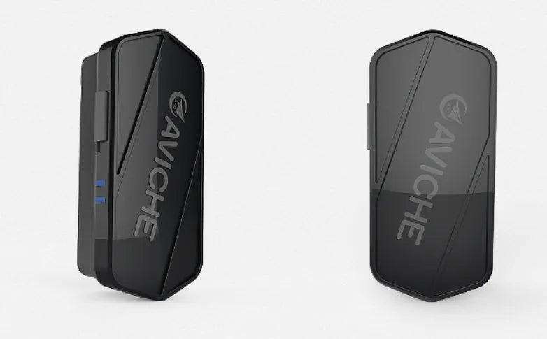 Black plastic wearable air purifier necklace device showing front view with dimensions.