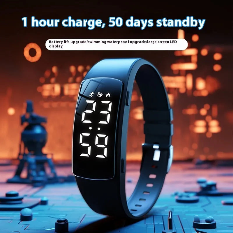 Vibration alarm clock watch with LED display on silicone strap showing multiple colour options