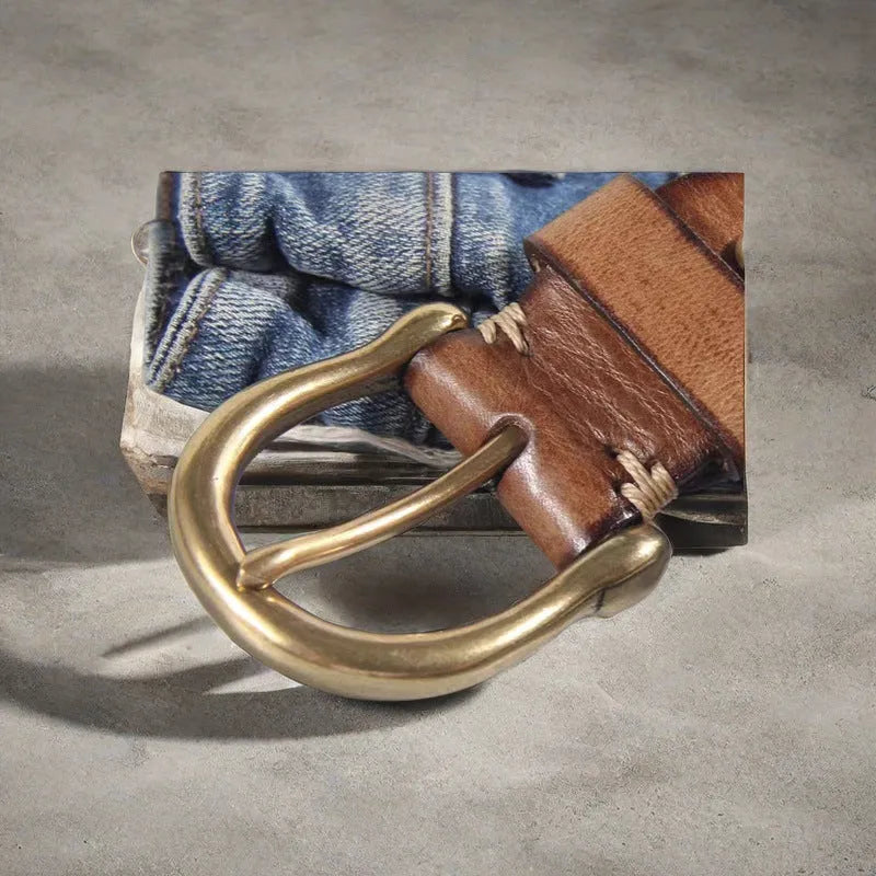Genuine cowhide men's belt with copper buckle in black, brown, or khaki.