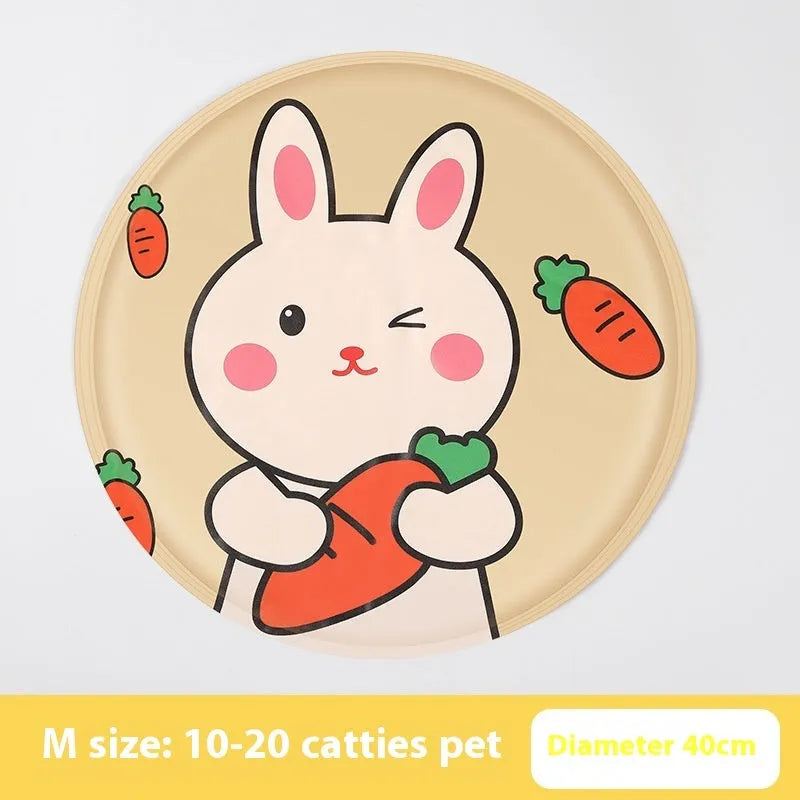 Round pet cooling mat with cartoon animal design showing blue polar bear pattern on cloth surface