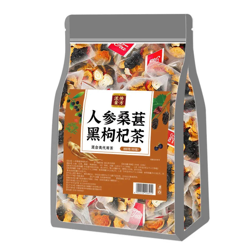 Pack of Ginseng Black Wolfberry Tea showing 40 individual 5g sachets for male vitality support.