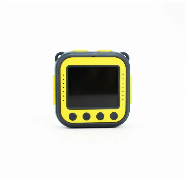 Yellow children's waterproof sports camera with LCD screen showing HD video recording.