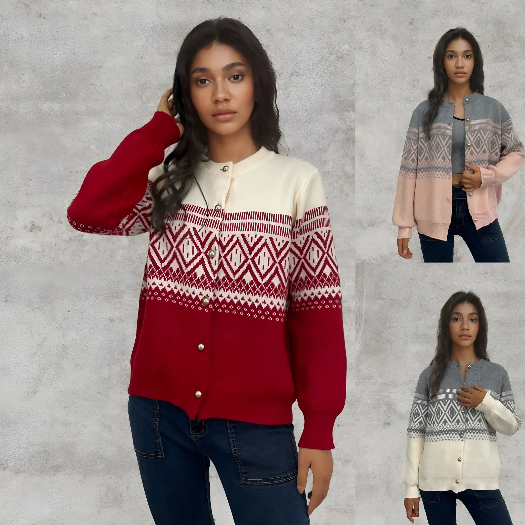 Women's grey alpaca wool cardigan with diamond knit pattern and contrast colour panels