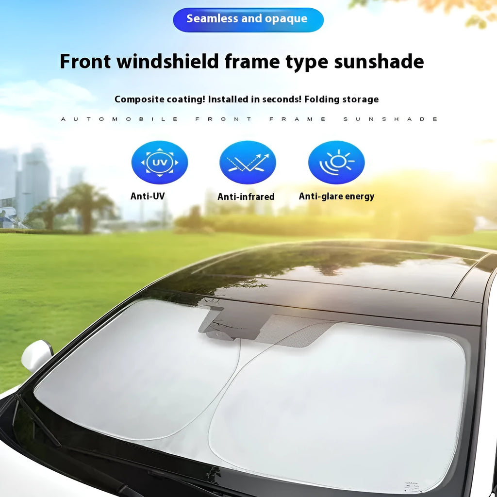 Aluminium foil car windscreen sunshade in titanium silver, shown folded and unfolded.