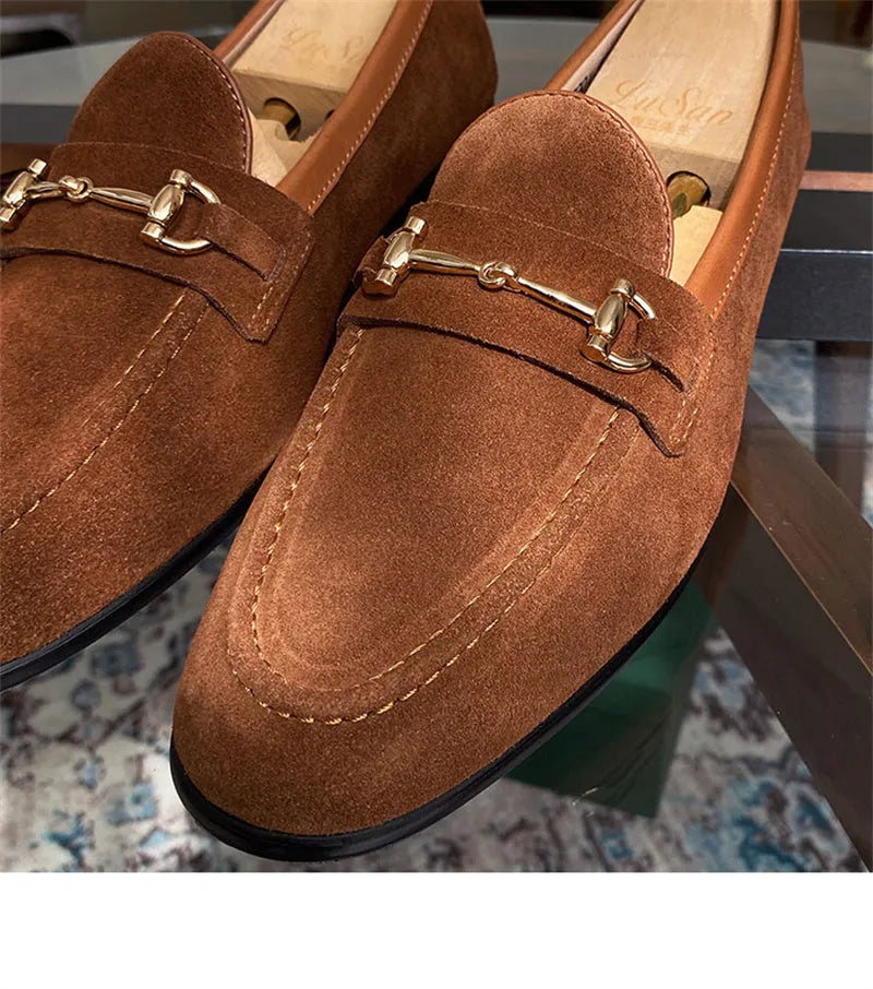 Men's soft structure suede horsebit slip-on shoes in dark brown with one-pedal design