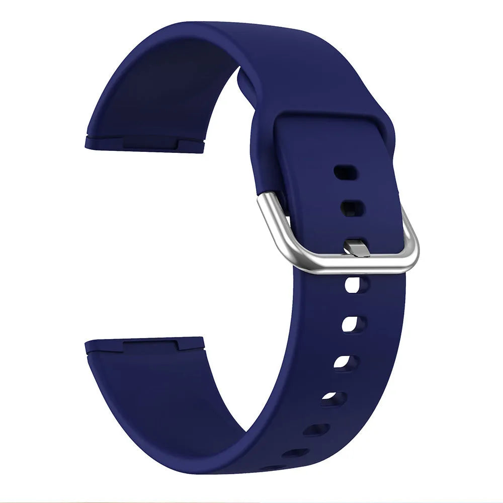 Silicone replacement strap with silver buckle for Fitbit Versa 3 and Sense 2 in a selection of solid colours.
